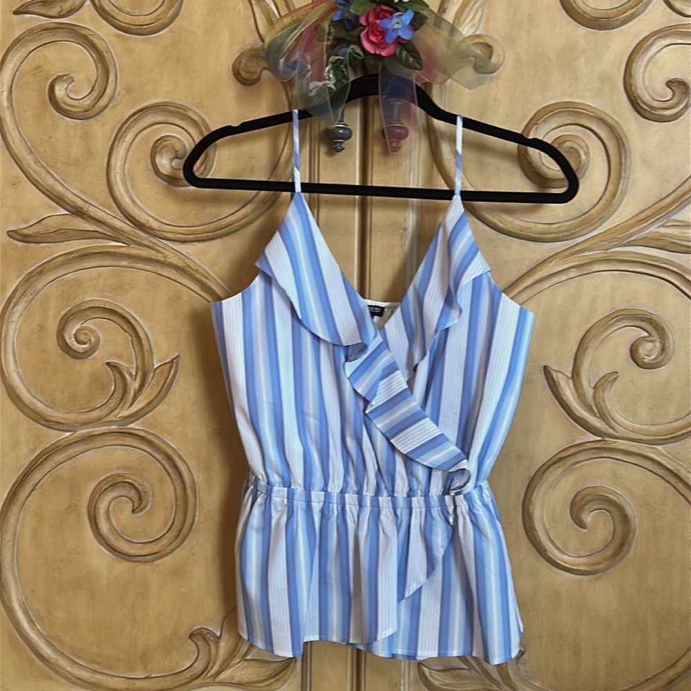 Express Striped Top with Peplum Blue and White